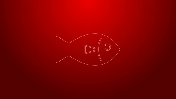 Zelená čára Ikona Ryby izolované na červeném pozadí. Grafická animace pohybu videa 4K — Stock video