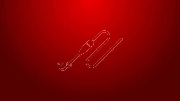 Green line Fishing line with hook and float icon isolated on red background. Fishing tackle. 4K Video motion graphic animation — Stock Video