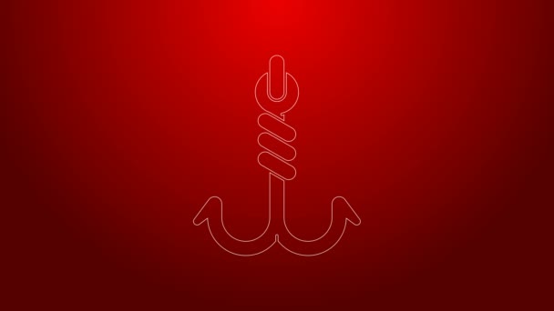 Zelená čára Rybářský hák ikona izolované na červeném pozadí. Rybářské náčiní. Grafická animace pohybu videa 4K — Stock video