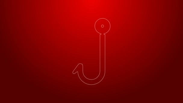 Green line Fishing hook icon isolated on red background. Fishing tackle. 4K Video motion graphic animation — Stock Video