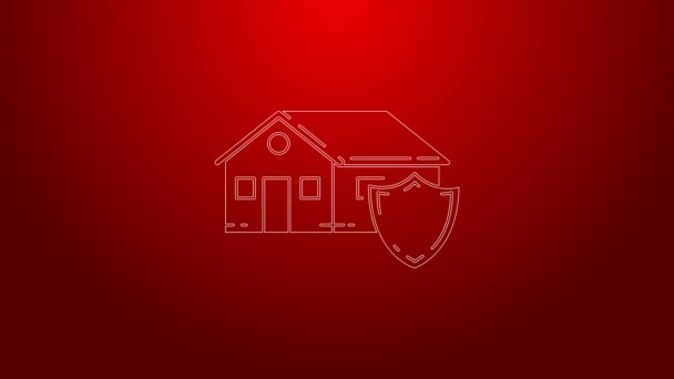 Zöld vonal Ház védelem alatt ikon elszigetelt vörös alapon. Védelem, biztonság, védelem, védelem, védelem. 4K Videó mozgás grafikus animáció — Stock videók