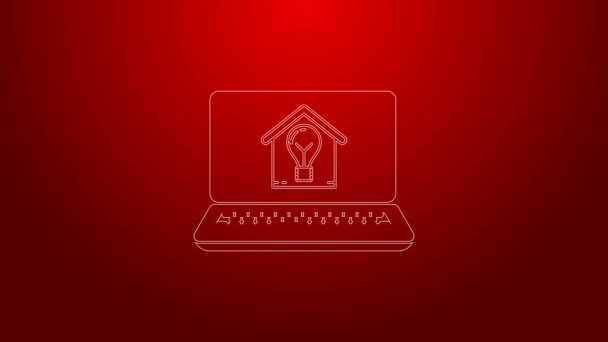 Zielona linia Laptop z inteligentnego domu i ikony żarówki izolowane na czerwonym tle. 4K Animacja graficzna ruchu wideo — Wideo stockowe