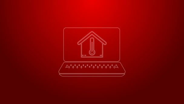 Laptop linha verde com ícone de temperatura da casa isolado no fundo vermelho. Ícone do termómetro. Animação gráfica em movimento de vídeo 4K — Vídeo de Stock