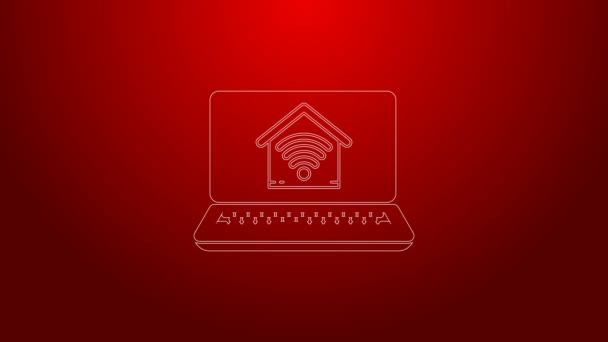 Πράσινη γραμμή Laptop με έξυπνο σπίτι με wi-fi εικονίδιο που απομονώνεται σε κόκκινο φόντο. Τηλεχειριστήριο. 4K Γραφική κίνηση κίνησης βίντεο — Αρχείο Βίντεο