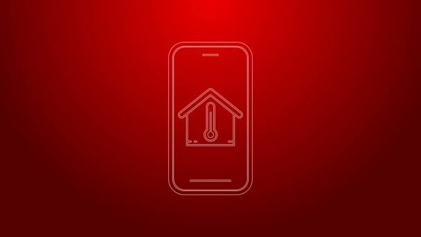 緑の線赤の背景に隔離された家の温度アイコンを持つ携帯電話。温度計のアイコン。4Kビデオモーショングラフィックアニメーション — ストック動画