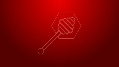 Yeşil çizgi Bal Dipper çubuğu simgesi kırmızı arkaplanda izole edildi. Tatlı kepçe. 4K Video hareketli grafik canlandırması