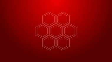 Yeşil çizgi bal peteği simgesi kırmızı arkaplanda izole edildi. Bal hücrelerinin sembolü. Tatlı doğal yemek. 4K Video hareketli grafik canlandırması