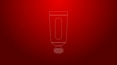 Kırmızı arkaplanda yeşil çizgi kremi ya da losyon kozmetik tüp ikonu var. Erkekler için vücut bakım ürünleri. 4K Video hareketli grafik canlandırması