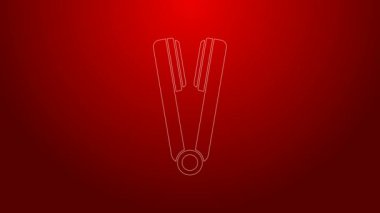 Saç ikonu için yeşil çizgi saç maşası kırmızı arkaplanda izole edilmiş. Saç düzleştirici ikonu. 4K Video hareketli grafik canlandırması