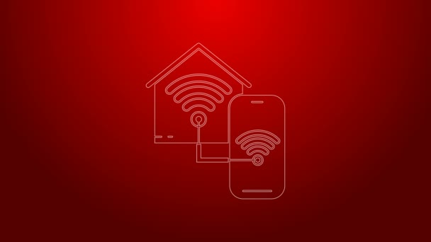 Πράσινη γραμμή Έξυπνο σπίτι με wi-fi εικονίδιο απομονώνονται σε κόκκινο φόντο. Τηλεχειριστήριο. 4K Γραφική κίνηση κίνησης βίντεο — Αρχείο Βίντεο