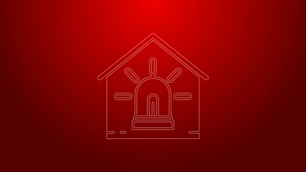 绿线智能房屋和报警图标隔离在红色背景.智能家庭的安全系统。4K视频运动图形动画 — 图库视频影像