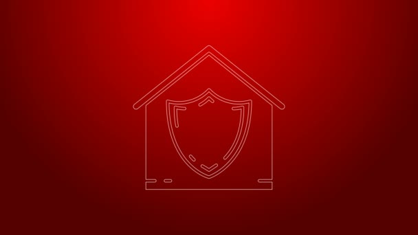 Zielona linia Dom pod ikoną ochrony izolowany na czerwonym tle. Ochrona, bezpieczeństwo, ochrona, ochrona, koncepcja obrony. 4K Animacja graficzna ruchu wideo — Wideo stockowe