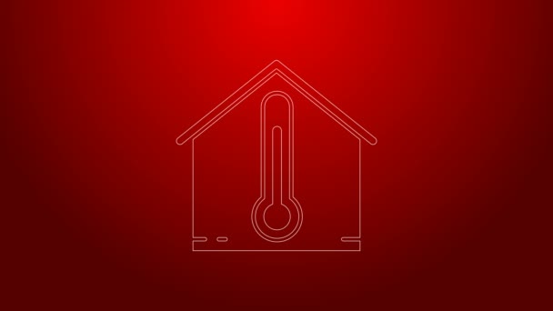 Zöld vonal Ház hőmérséklet ikon elszigetelt piros háttér. Hőmérő ikon. 4K Videó mozgás grafikus animáció — Stock videók