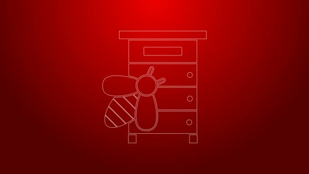 Green line Hive for bees icon isolated on red background. Beehive symbol. Apiary and beekeeping. Sweet natural food. 4K Video motion graphic animation — Stock Video