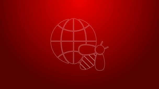 Zelená čára Honeycomb mapa světa a ikona včel izolované na červeném pozadí. Světový den včel. Koncepce ekologické příhody. Grafická animace pohybu videa 4K — Stock video