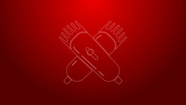Grüne Linie Gekreuzte elektrische Haarschneidemaschine oder Rasierer Symbol isoliert auf rotem Hintergrund. Barbershop-Symbol. 4K Video Motion Grafik Animation — Stockvideo