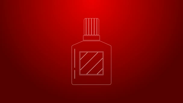 Πράσινη γραμμή Aftershave εικονίδιο απομονώνονται σε κόκκινο φόντο. Εικόνα ψεκασμού Κολωνίας. Αρσενικό μπουκάλι άρωμα. 4K Γραφική κίνηση κίνησης βίντεο — Αρχείο Βίντεο