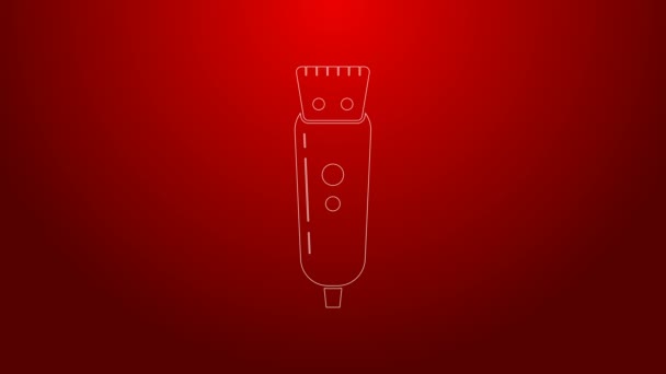 Groene lijn Elektrische tondeuse of scheerapparaat pictogram geïsoleerd op rode achtergrond. Barbershop symbool. 4K Video motion grafische animatie — Stockvideo