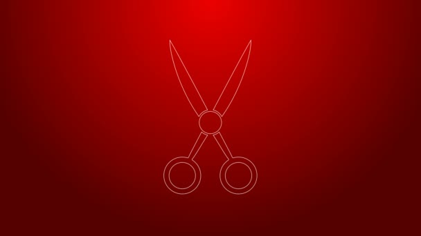 Línea verde Tijeras icono de peluquería aislado sobre fondo rojo. Peluquería, salón de moda y letrero de barbero. Símbolo de barbería. Animación gráfica de vídeo 4K — Vídeo de stock