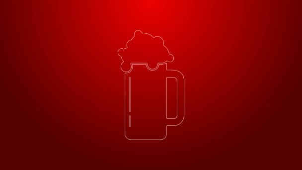 Linea verde Icona in vetro di birra isolata su sfondo rosso. Animazione grafica 4K Video motion — Video Stock