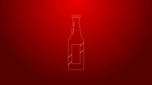 Groene lijn Bier fles pictogram geïsoleerd op rode achtergrond. 4K Video motion grafische animatie — Stockvideo