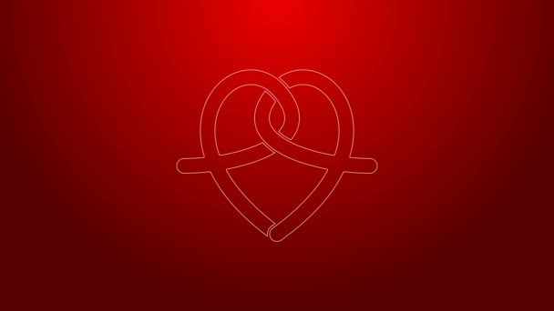 Green line Pretzel icon isolated on red background. German comfort food pastry. Oktoberfest festival. 4K Video motion graphic animation — Stock Video