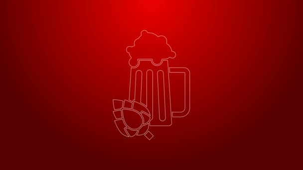 Linea verde Bicchiere di birra e icona luppolo isolato su sfondo rosso. Animazione grafica 4K Video motion — Video Stock
