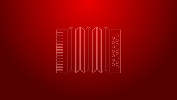 Groene lijn Muziekinstrument accordeon icoon geïsoleerd op rode achtergrond. Klassiek bayan, harmonisch. 4K Video motion grafische animatie — Stockvideo