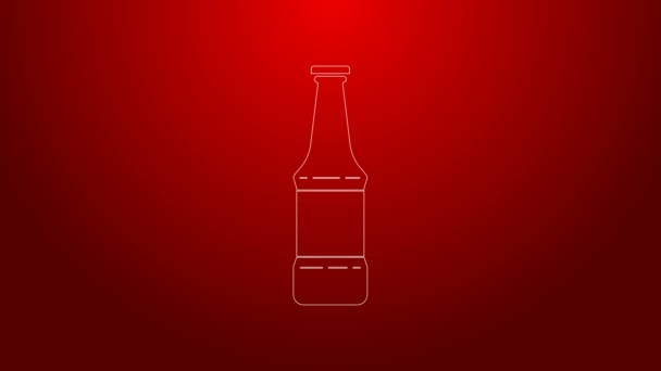 Groene lijn Bier fles pictogram geïsoleerd op rode achtergrond. 4K Video motion grafische animatie — Stockvideo