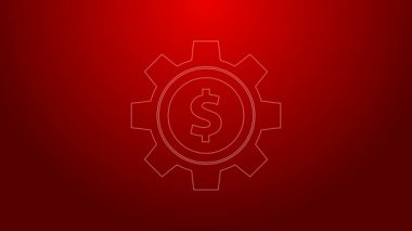 Kırmızı arkaplanda dolar sembolü olan yeşil çizgi dişlisi. İş ve finans kavramsal ikonu. 4K Video hareketli grafik canlandırması