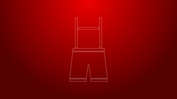 Green line Lederhosen icon isolated on red background. Traditional bavarian clothing. Oktoberfest outfit. Pants with suspenders. Patrick day. 4K Video motion graphic animation — Stock Video