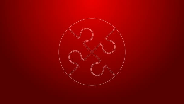 Green line Piece of puzzle icon isolated on red background. Business, marketing, finance, template, layout, infographics, internet concept. 4K Video motion graphic animation — Stock Video