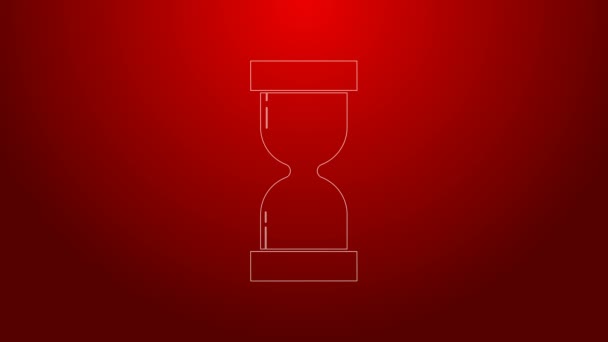 Línea verde Reloj de arena viejo con el icono de arena que fluye aislado en el fondo rojo. Señal de reloj de arena. Concepto de negocio y gestión del tiempo. Animación gráfica de vídeo 4K — Vídeos de Stock