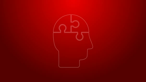Zielona linia Ludzka głowa puzzle strategii ikona izolowana na czerwonym tle. Myślę o oznaczeniu mózgu. Symbol pracy mózgu. 4K Animacja graficzna ruchu wideo — Wideo stockowe