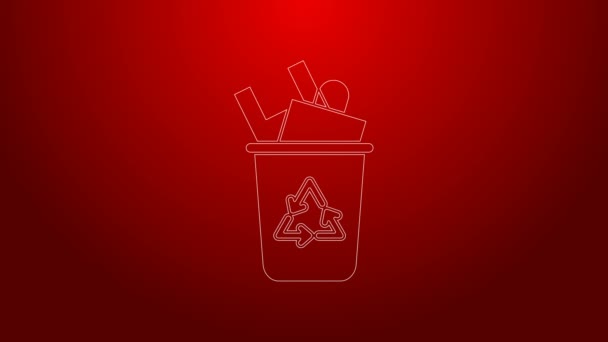Línea verde Papelera de reciclaje con icono de símbolo de reciclaje aislado sobre fondo rojo. Icono de bote de basura. Cartel de basura. Reciclar signo de cesta. Animación gráfica de vídeo 4K — Vídeo de stock