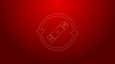 Kırmızı zemin üzerinde geri dönüşüm sembolü simgesi olan yeşil çizgi pili izole edildi. Geri dönüşüm sembollü pil - yenilenebilir enerji konsepti. 4K Video hareketli grafik canlandırması