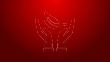 Çevre koruma ikonunun elindeki yeşil çizgi kırmızı arka planda izole edilmiş. Tohum ve tohum. Fidan dikiyorum. Ekoloji konsepti. 4K Video hareketli grafik canlandırması