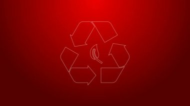 Kırmızı arkaplanda yeşil çizgi geri dönüşüm sembolü ve yaprak simgesi izole edildi. Çevre geri dönüşümü yeşile döner. 4K Video hareketli grafik canlandırması