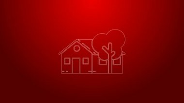 Yeşil çizgi çevre dostu ev simgesi kırmızı arka planda izole edildi. Ağaçlı eko ev. 4K Video hareketli grafik canlandırması
