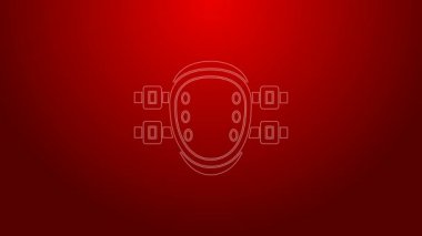 Kırmızı arkaplanda yeşil çizgi dizlik simgesi var. Olağanüstü bir spor. Spor malzemeleri. Kaykay, bisiklet, paten kayma koruyucu giysi. 4K Video hareketli grafik canlandırması