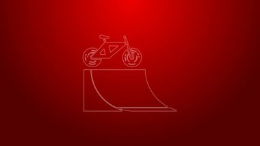 Kırmızı arka planda yeşil çizgi bisiklet ve sokak rampası ikonu izole edildi. Kaykay parkı. Olağanüstü bir spor. Spor malzemeleri. 4K Video hareketli grafik canlandırması