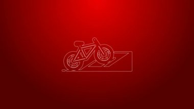 Kırmızı arka planda yeşil çizgi bisiklet ve sokak rampası ikonu izole edildi. Kaykay parkı. Olağanüstü bir spor. Spor malzemeleri. 4K Video hareketli grafik canlandırması