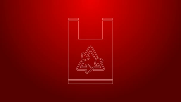 Green line Plastic bag with recycle icon isolated on red background. Bag with recycling symbol. 4K Video motion graphic animation — Stock Video