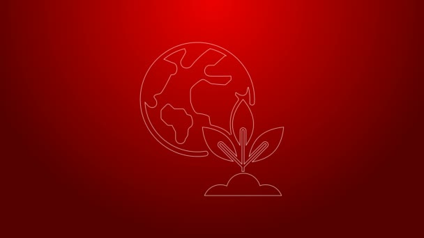 Grønn linje Jordklode og planteikon isolert på rød bakgrunn. Verdens eller jordens tegn. Geometriske former. Miljøkonseptet. 4K Video motion grafisk animasjon – stockvideo