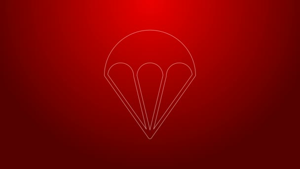 Grüne Linie Fallschirm Symbol isoliert auf rotem Hintergrund. Extremsport. Sportgeräte. 4K Video Motion Grafik Animation — Stockvideo
