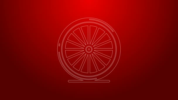 Línea verde Icono de la rueda de bicicleta aislado sobre fondo rojo. Carrera de bicicletas. Deporte extremo. Equipamiento deportivo. Animación gráfica de vídeo 4K — Vídeo de stock