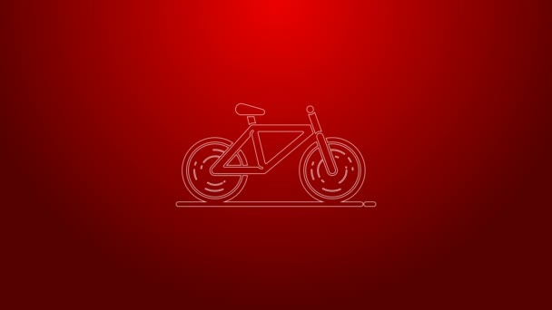 Linha verde Ícone de bicicleta isolado no fundo vermelho. Corrida de bicicleta. Desporto extremo. Equipamento desportivo. Animação gráfica em movimento de vídeo 4K — Vídeo de Stock