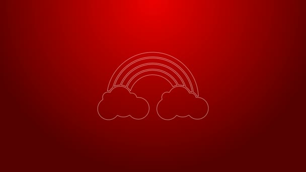 Green line Rainbow with clouds icon isolated on red background. 4K Video motion graphic animation