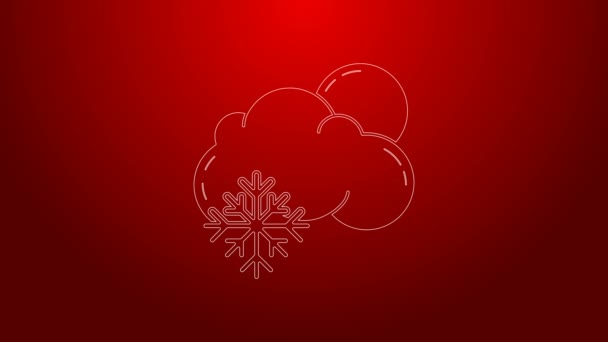 Zielona linia Chmura z ikoną śniegu i słońca na czerwonym tle. Chmura z płatkami śniegu. Pojedyncza ikona pogody. Znak śniegu. 4K Animacja graficzna ruchu wideo — Wideo stockowe