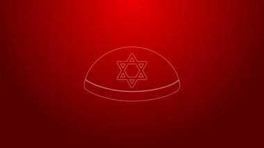 Kırmızı arka planda David ikonu yıldızı olan yeşil çizgi Yahudi kippah. Yahudi şapkası. 4K Video hareketli grafik canlandırması